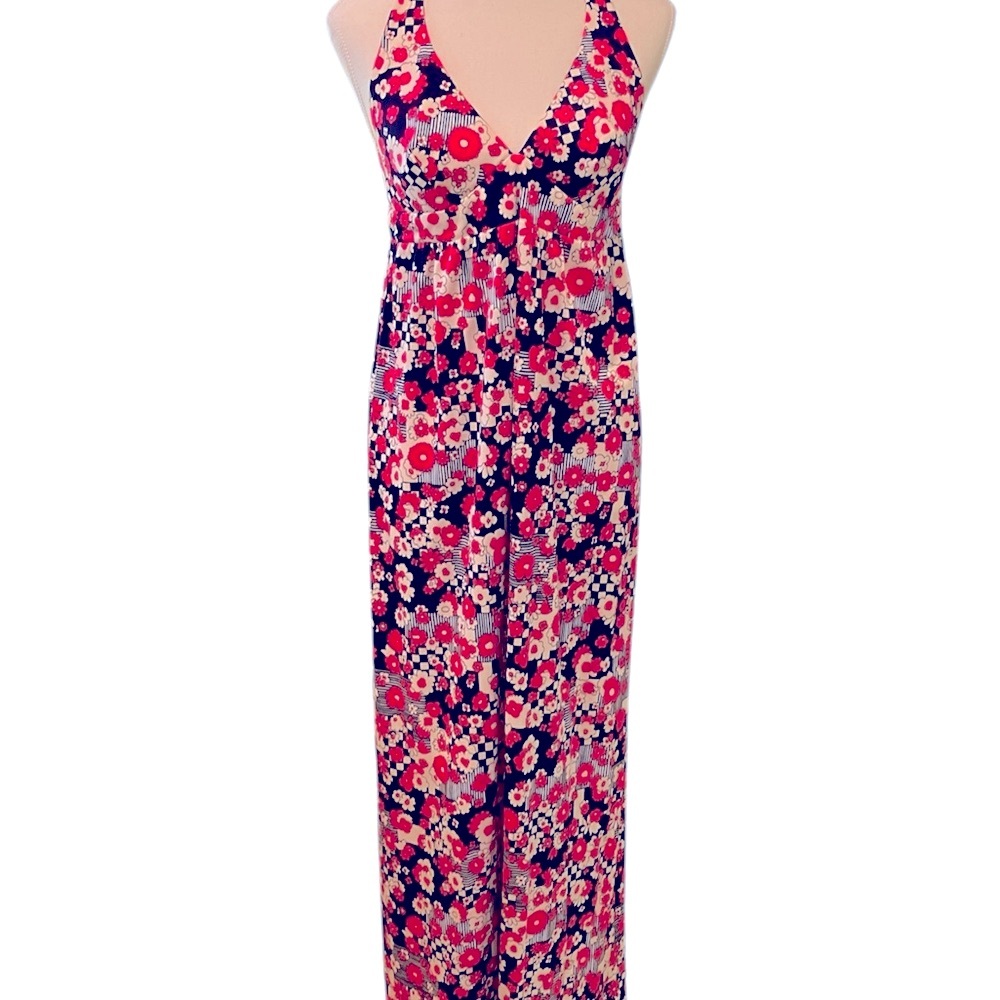 Vintage 70s Floral Halter Maxi Dress - High Tide- Red White Blue - Small